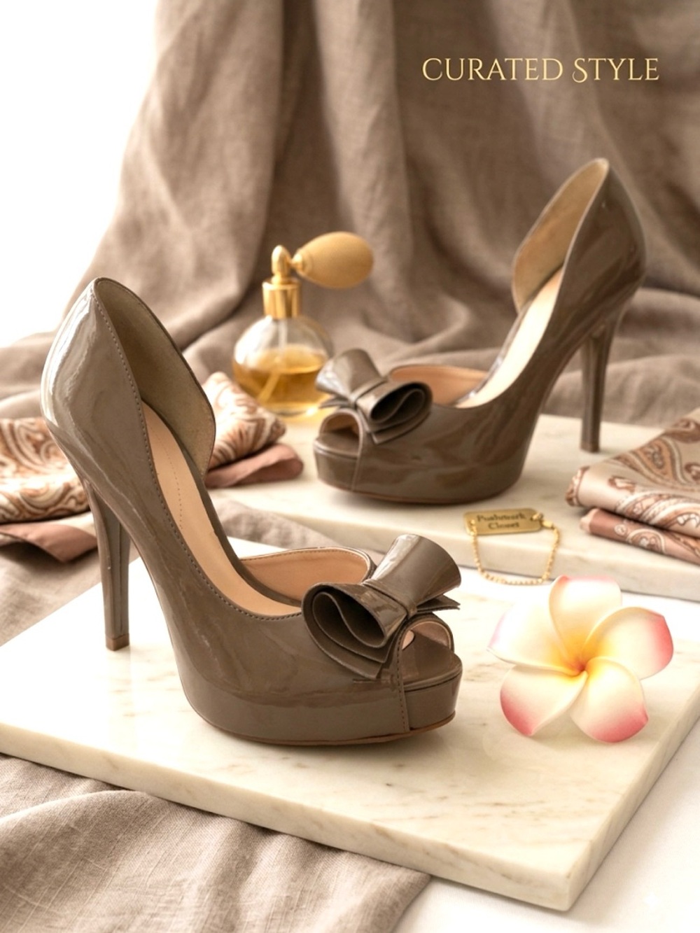 GUESS Cruelty Free Patent Taupe Peep Toe 5-inch Heels with Bow Detail size 8